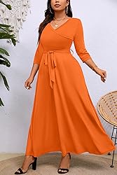 Runwind Plus Size Maxi Dress Sexy 3/4 Sleeve V Neck