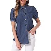 Allegra K Women's Denim Tops Short Puff Sleeve Spread Collared Pocket Button Up Jean Shirt