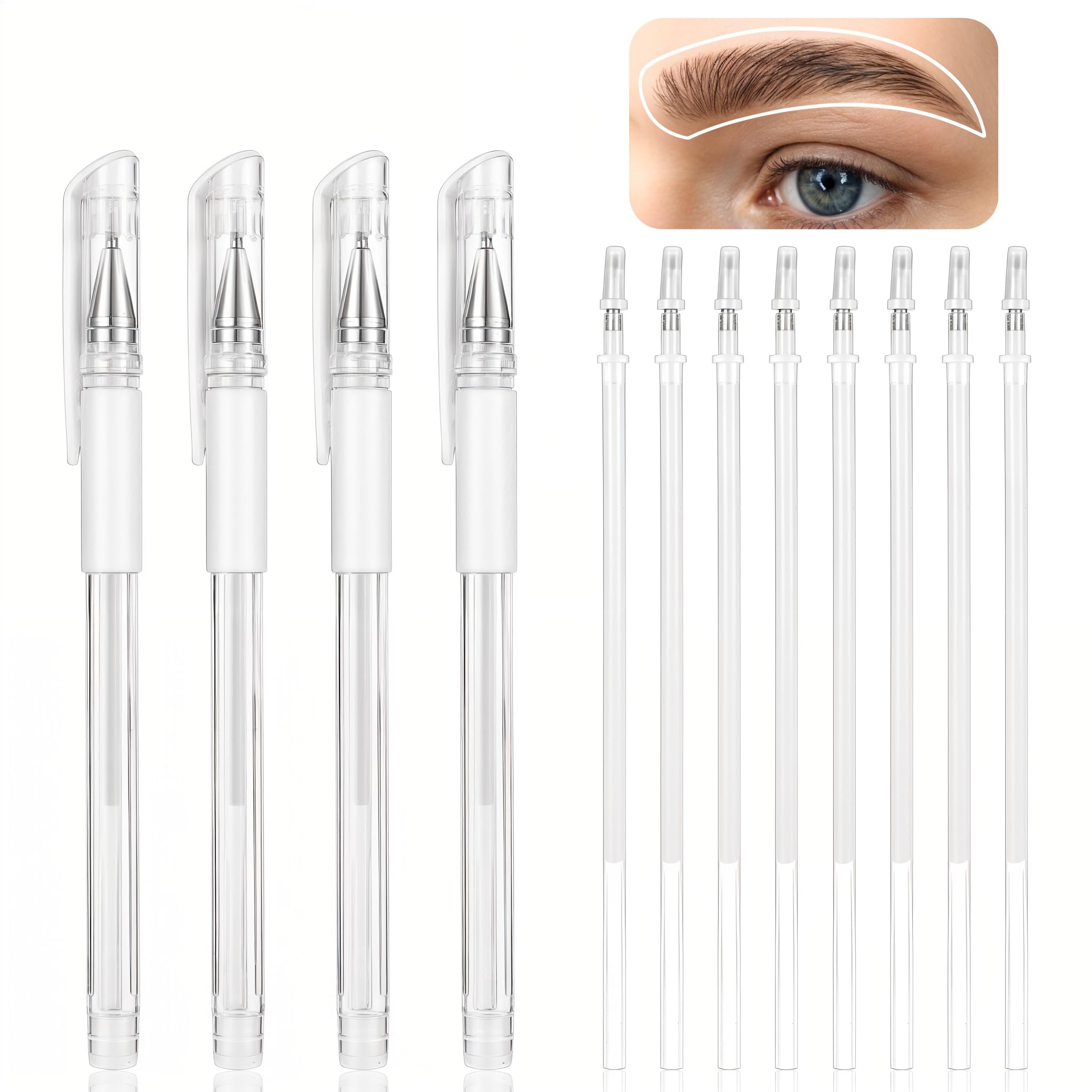 Eyebrow Microblading Marker Pen, 4 Pcs Brow Mapping Pens with with 8 Replacement Refills, Makeup Tattoo Skin Marker Pen, Brow Lamination Supplies for Eyebrow Lip Skin(White)
