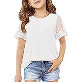 Haloumoning Girls Lace Short Sleeve T Shirts Kids Summer Crewneck Tunic Tops Curved Hem 5-14 Years