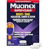 Mucinex Rapid+Clear Nighttime Cold and Flu Medicine for Adults, Maximum Strength Cold Medicine for Cough, Fever, Pain, Headache, & Runny Nose Relief, Rapid Release Caplets for Adults, 20 Count