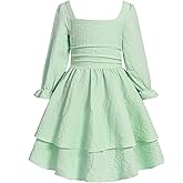 JiAmy Girls Dresses Square Neck Lantern Long Sleeve Ruched Smocked Back Double Layer Ruffle Dress