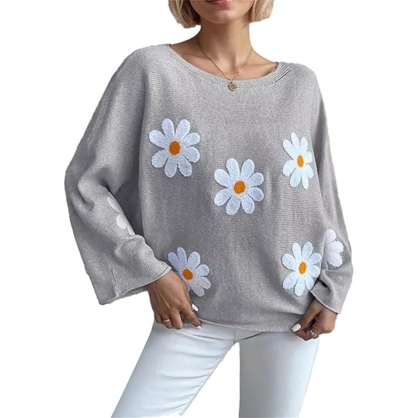 Women Flower Embroidered Knit Pullover Sweater Long Sleeve