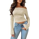 Goranbon Women's Off Shoulder Ribbed Knit Crop Sweaters Cute Wrap Long Sleeve Slim Pullover Jumper Tops