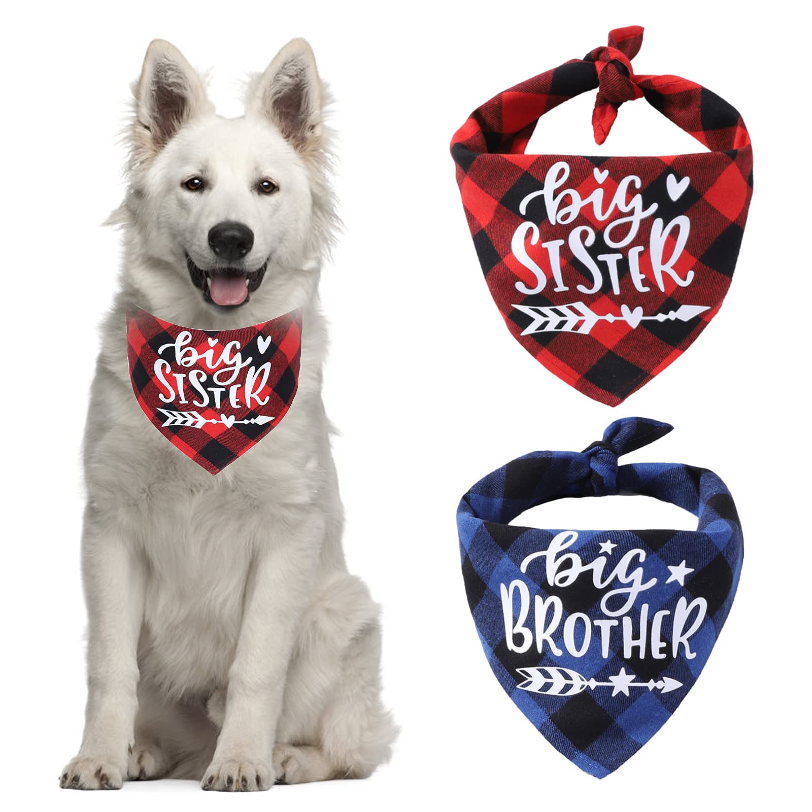 HACRAHO Plaid Dog Bandana, 2 Pieces Pregnancy Announcement Plaid Dog Bandana Big Brother Big Sister Triangle Dog Bandana for Dogs Cats Puppy, Blue and Red