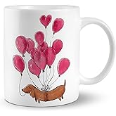 JRTW Dachshund Coffee Mug - Weiner Dog Ceramic Cup With Pink Balloon Design - Doxie Gift for Dog Lovers