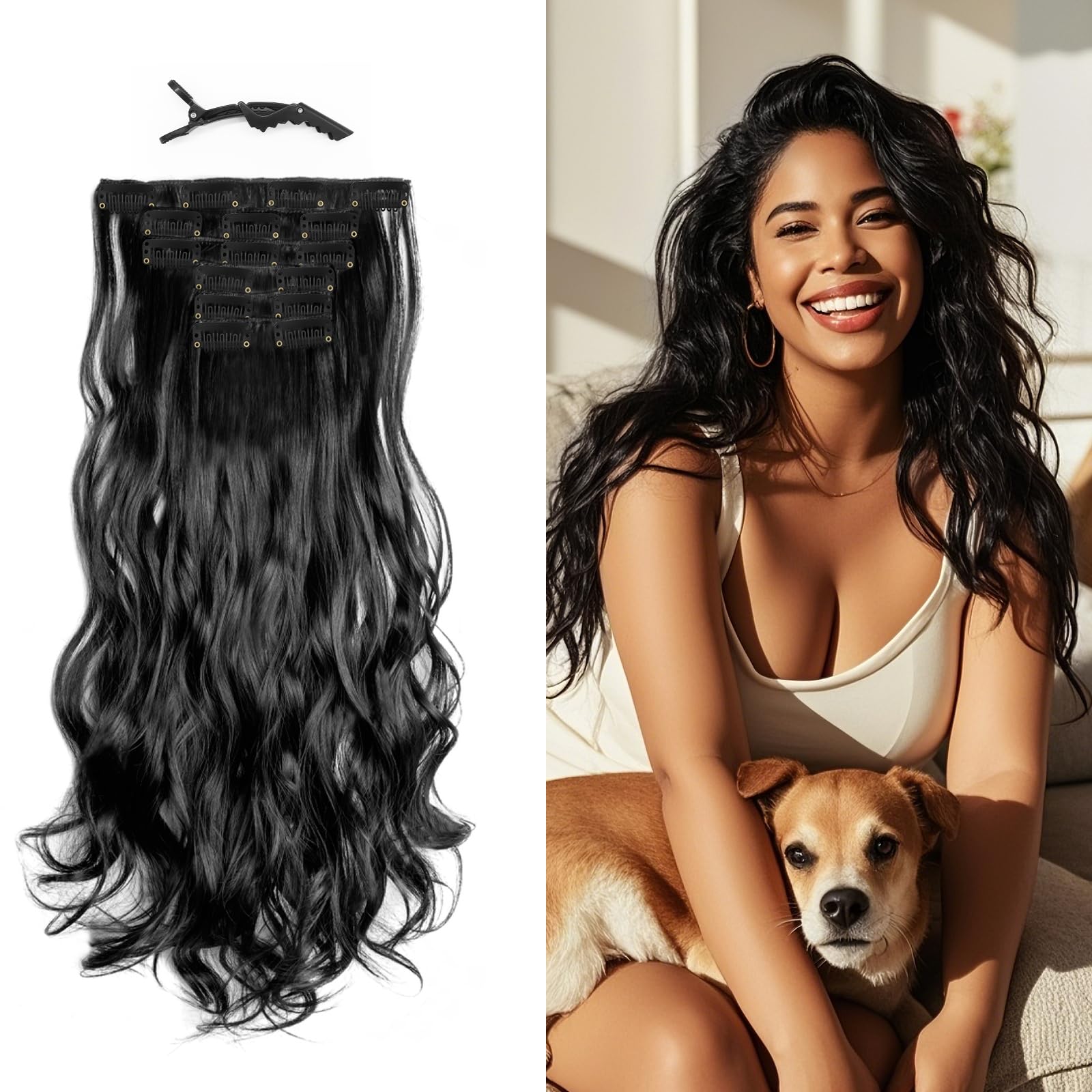 Photo 1 of Z-CHARMMY Black Wavy Clip in Hair Extensions for Women, Synthetic Curly Hair Extensions Clip ins, 18 Inches Long, 6 Pieces