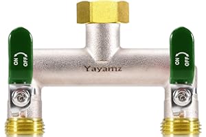 Yayamz 2 Way Garden Hose Splitter, Heavy Duty Brass Nickel Plated Rust Resistant Faucet Manifold, 3/4" Frost Resistant Outdoor Hose Adapter Connector，Hose Spigot Adapter with 2 Large Green Handles