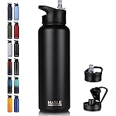 HASLE OUTFITTERS 40oz Stainless Steel Water Bottle, Vacuum Insulated Double Walled Leak Proof Sports Water Bottle with 2 Lids (Straw and Spout Lid) Thermo Mug Keep Cold and Hot(Black,1)