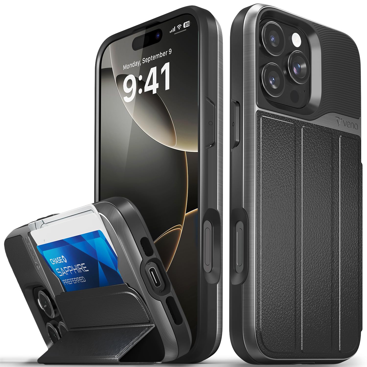 VENA vCommute for iPhone 16 Pro Max Wallet Case, [Military Grade Drop Protection] Flip Leather Cover Slot Card Holder with Kickstand - Black