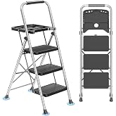 DIAMONDFORGE 3-Step Ladder Folding Step Stool with Tool Platform &amp; Anti-Slip Wide Pedal, Heavy Duty Steel Construction, 600 lbs Capacity for Home &amp; Office, Grey