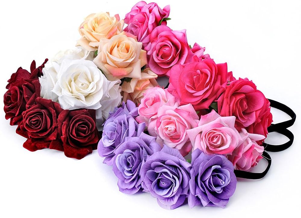 DreamLily Rose Flower Crown Wedding Festival Headband Hair Garland Wedding Headpiece (1-Burgundy) : Beauty