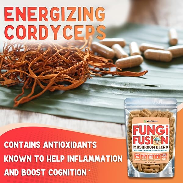 XPRS NUTRA FUNGI FUSION MUSHROOM BLEND CAPSULES – 180 COUNT (90 DAY SUPPLY) PREMIUM BLEND OF LION’S MANE, REISHI, CHAGA, CORDYCEPS CAPSULES TO SUPPORT MENTAL CLARITY, COGNITION, ENERGY AND IMMUNITY