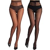 MERYLURE Sheer Black Tights for Women T-Crotch 20D Ultra Thin Pantyhose High Waist Stockings Reinforced Toes 2 Pairs