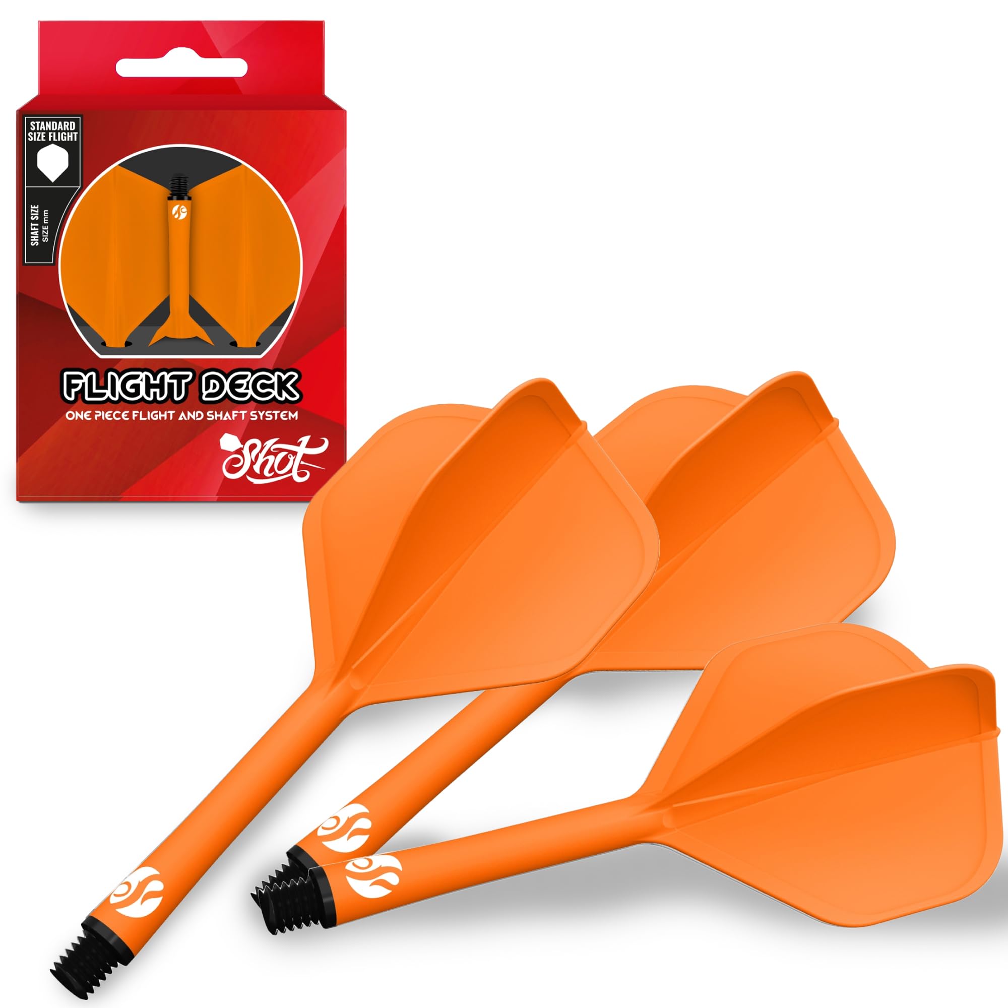 Shot! Darts Flight Deck One Piece Dart Flight and Shaft System, Reduced Deflections, Standard Shaped Flight (350 Micron), Available in Set of 3 (Orange, Medium)