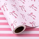 WRAPAHOLIC 30 Inch Reversible Pink Bow Wrapping Paper Roll - 30 Inch x 33 Feet - Pink Ribbon Bow and Stripes Design Perfect for Girls Birthday, Baby Shower, Bachelorette Party