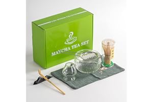 DWEHIXBUY Japanese Tea Set (7pcs) Matcha Whisk Set Matcha Bowl with Pouring Spout Bamboo Matcha Whisk (chasen) Scoop (chashaku) Matcha Whisk Holder Tea Making Kit. WHITE GLASS