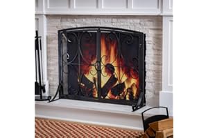 Plow & Hearth Metal Fireplace Screen Florence Black | 38" W x 31" H | Dual Magnetic Hinged Doors | Spark Guard Cover | Stand Alone Wrought Iron Panel Fire Place Cover
