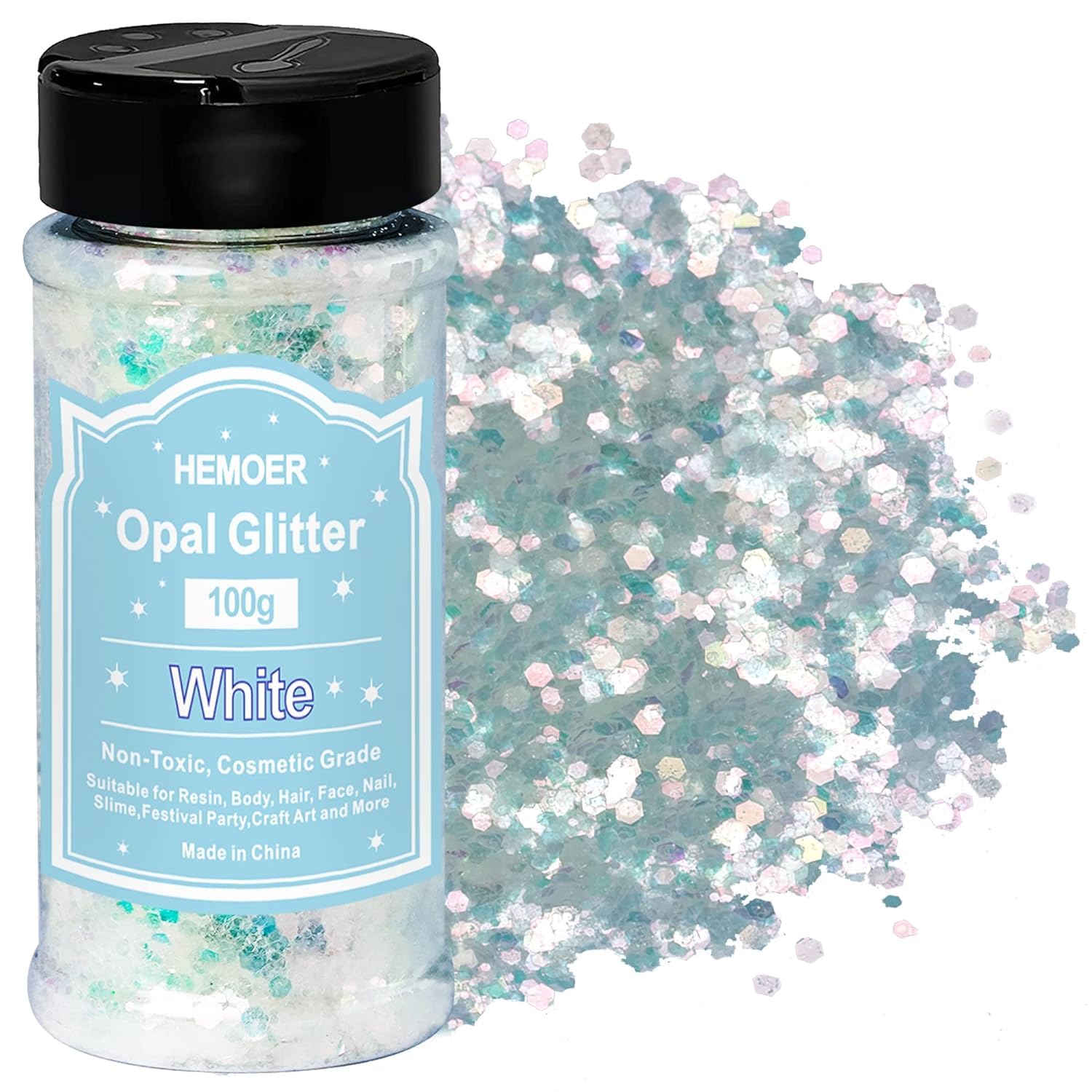 HEMOER White Opal Glitter 100g/3.5oz, Cosmetic Mixed Hexagon Chunky & Fine Craft Glitter Resin Sequins for Epoxy Glass, Resin Art, Body, Hair, Face, Nail, Slime, Tumbler, Festival Party