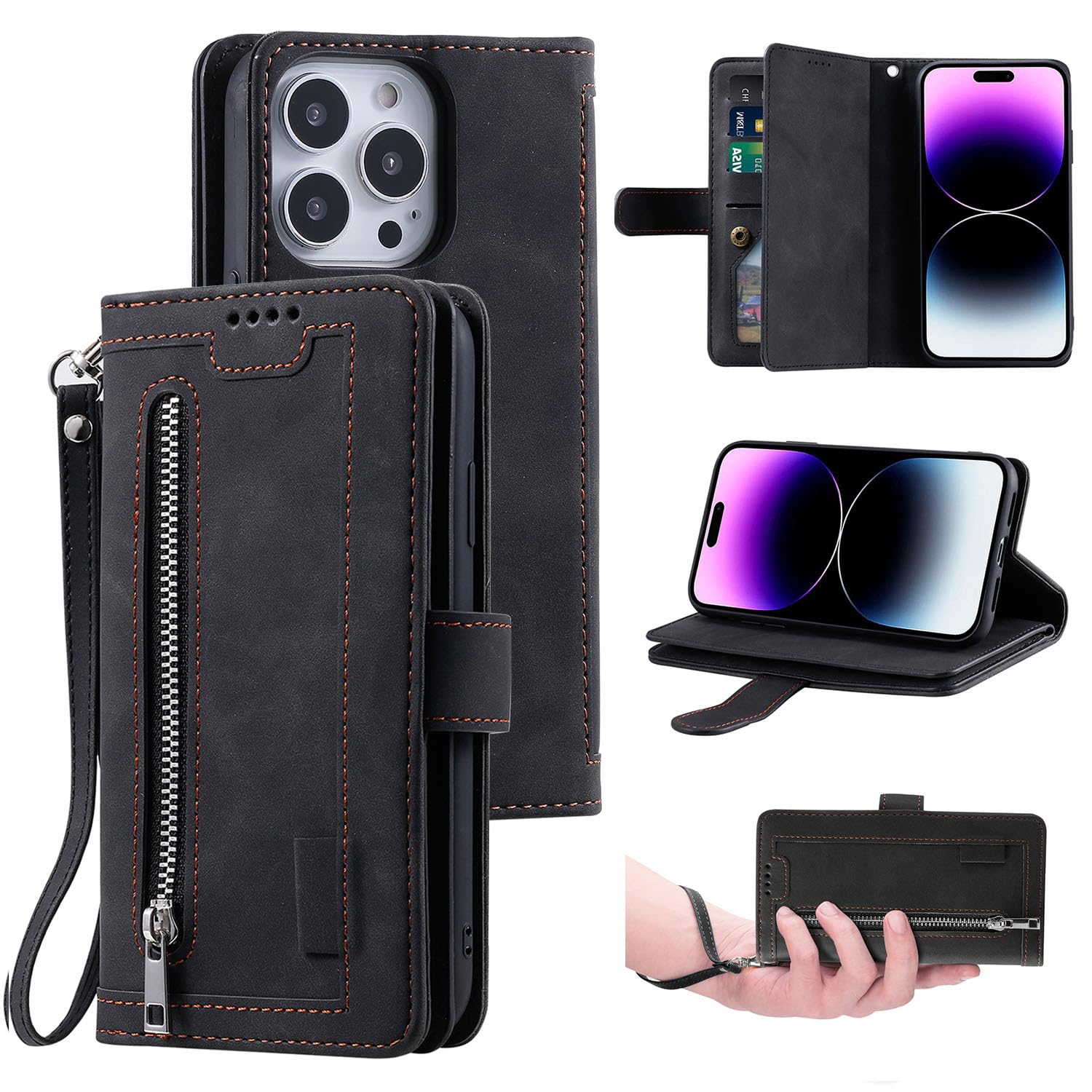 UEEBAI Wallet Case for iPhone 13 Pro Max 6.7 inch, Retro 9 Card Holder Slots Zipper Pocket Handbag Case PU Leather Magnetic Closure Kickstand with Wrist Strap TPU Shockproof folio Case - Black