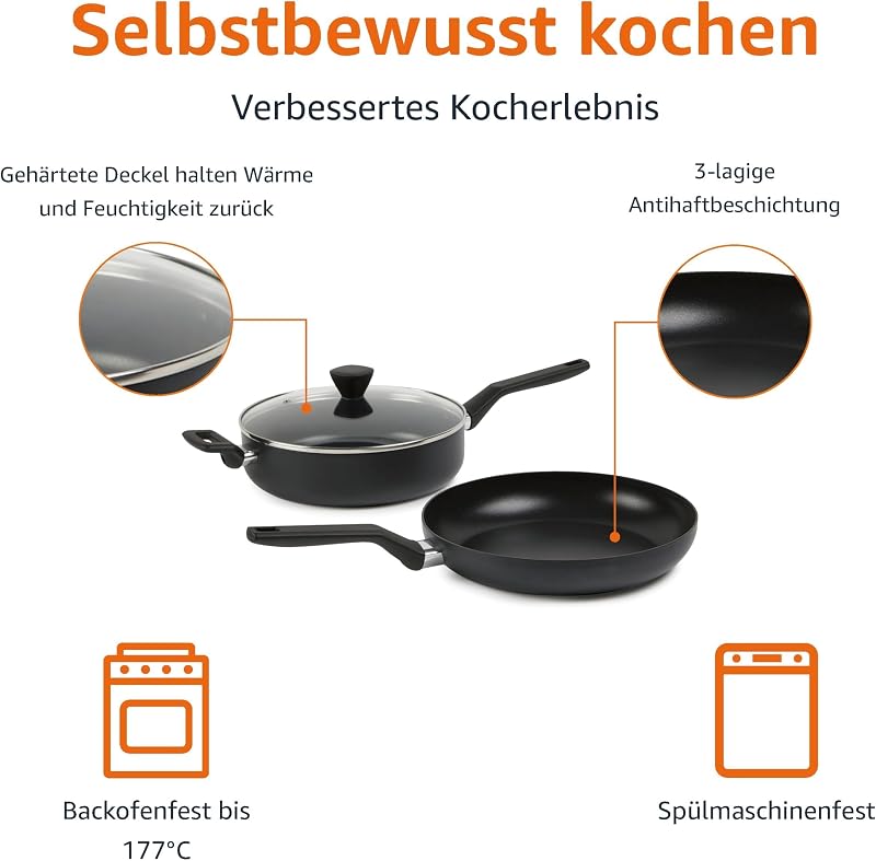 10-teiliges Keramik-Antihaft-Kochgeschirr-Set, Stapelbar, Töpfe und Pfannen mit Deckeln, Spülmaschinenfest, Backofengeeignet bis 175°C, für alle Herdarten außer Induktion, Schwarz — Foto 3 von 6