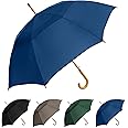 The Vented Urban Brolly 48" Arc Automatic Open Large Windproof Golf Umbrella, Classic Umbrella with Wooden J Handle, Vintage Style Lightweight Long Curved Handle Umbrella for Rain - Navy Blue