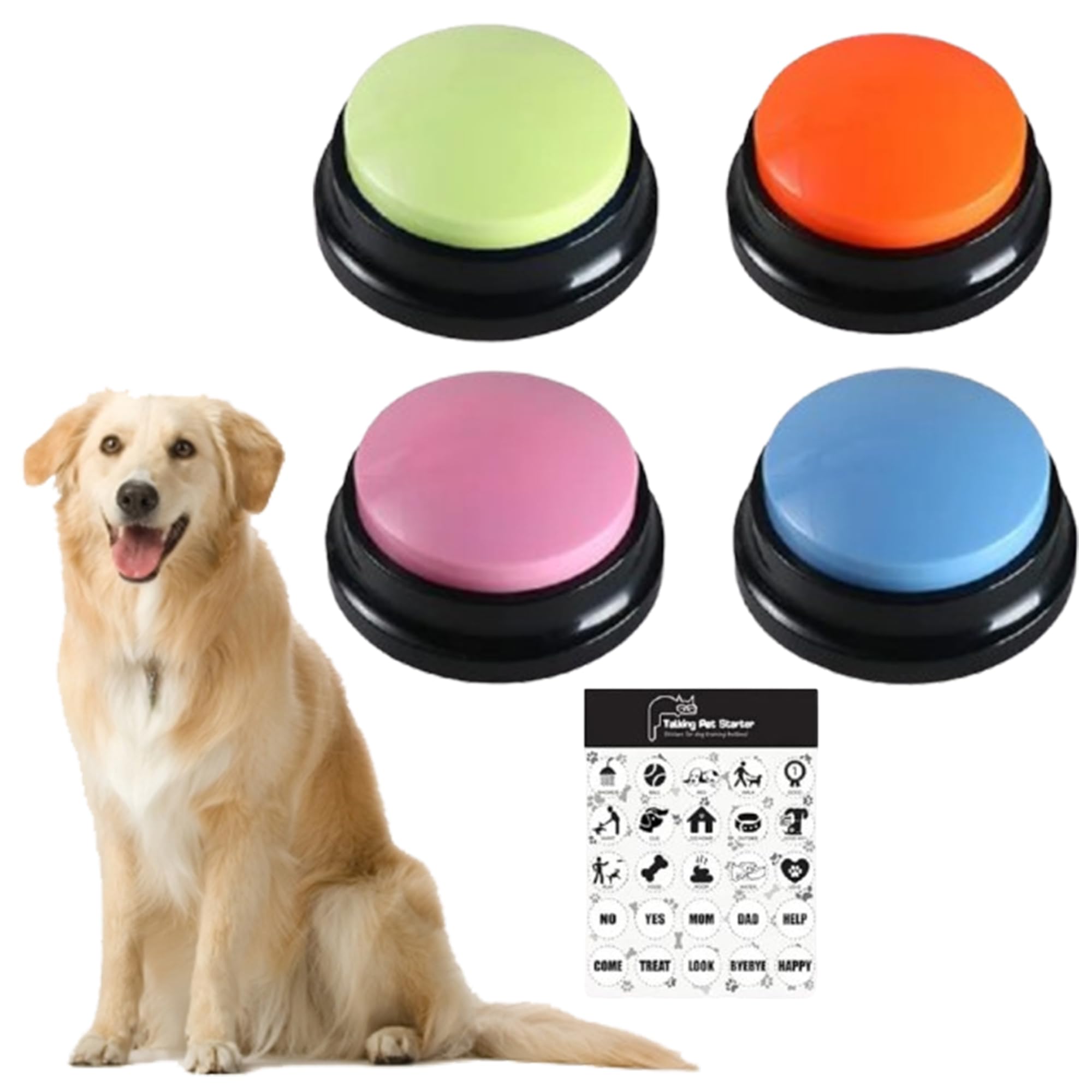 Duffire Dog Buttons for Communication and Training, 4Pack Recordable Dog Buttons Pet Command Buzzer, with 25 Stickers, 30 Second Record