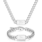 men's silver initial necklace bracelet Jewelery set for boy 2pcs Cuban chain Personalized name letters A-Z adjustable stainless steel link for men gift for him/her gift for boyfriend boys son