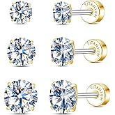 Limerencia Moissanite Stud Earrings, 3 Pairs Titanium Screw Back Earring, D Color VVS1 Clarity Lab-created Moissanite Earrings, Hypoallergenic G23 Pure Titanium for Women Men Sensitive Ears