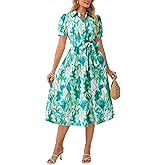 GRACE KARIN Womens Cotton Summer Boho Midi Dresses 2026 Puff Sleeve Shirt Dress Flowy Floral Wedding Guest Dress with Pocket