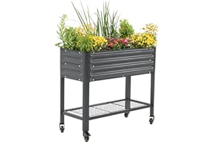 VEGO GARDEN Rolling Elevated Raised Garden Bed - Slim Series, 1.5' x 3.5' Outdoor Planters Boxes with Legs & Storage Rack for Patio, 500 Lbs Weight Capacity, Raised Beds for Gardening Herbs Flowers, Modern Gray