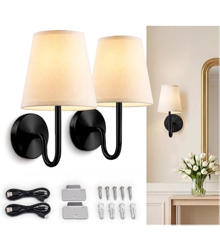 Jantolumi Battery Wall Sconces – Gold/Black, Remote & Timer, 5200mAh Rechargeable, 16 Colors, Dimmable, Vintage Fabric Shade