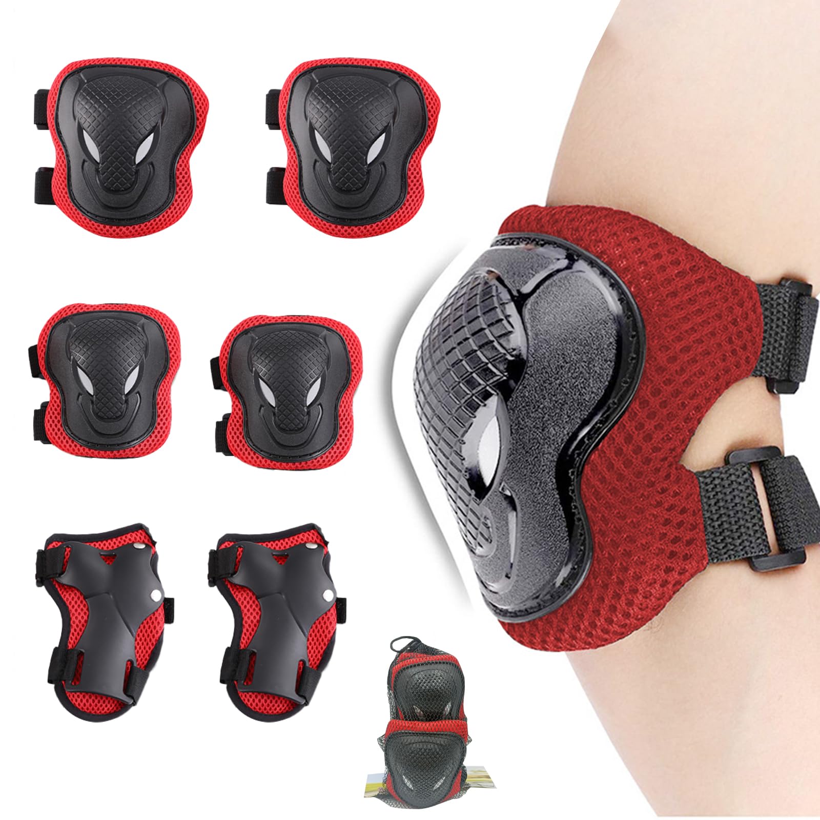 KASESSS Kids Knee and Elbow Pads Set, 6 Pcs Knee and Elbow Pads for Children, Adjustable Knee Pads for Kids, Comfortable Wrist Guards, Kids Protective Gear for Roller Skates Scooter Skating Cycling