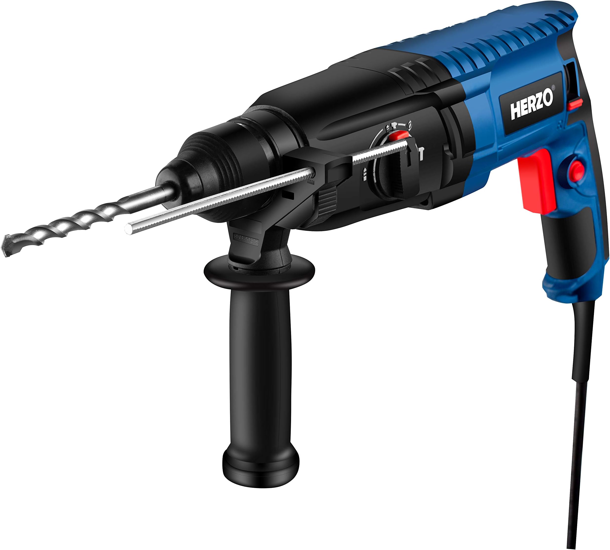 HERZO Rotary Hammer Drill 230V 800W 2.8 J with 26mm SDS Plus Chuck, Masonry Drill and Steel Impact Drill Bits and Kitbox
