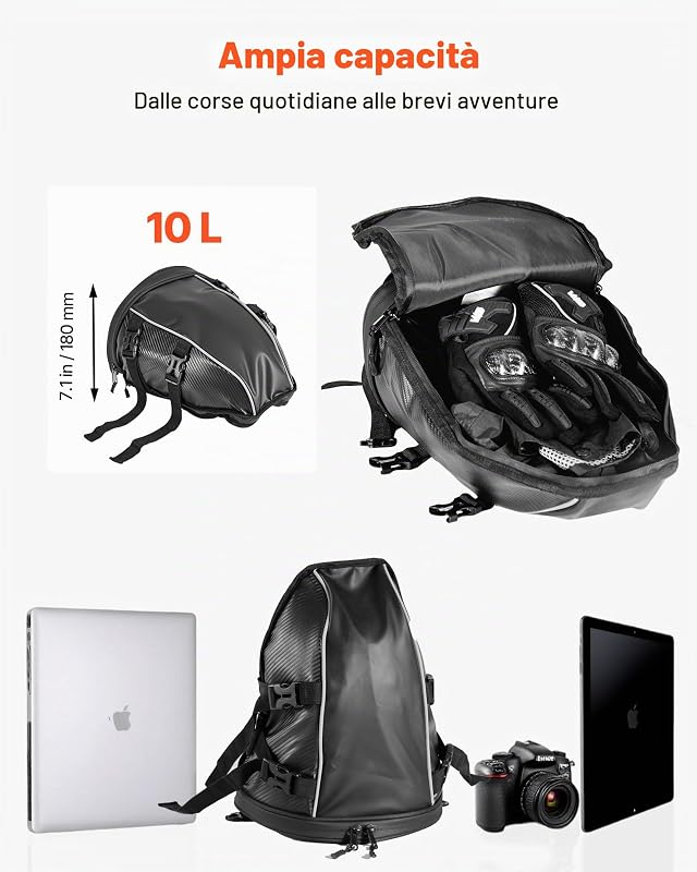 Borsa Posteriore per Moto, Espandibile da 10 L con Copertura Antipioggia Impermeabile, Borsa da Viaggio per Bagagli per Sportivi all'Aria Aperta, Zaino con Tracolle, Tasca, Nero
