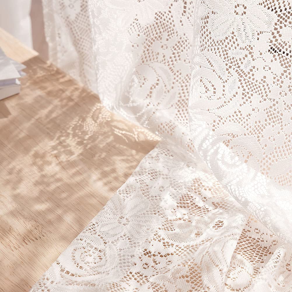 YJ YANJUN Floral Lace Sheer Curtains 45 inch Length-Country White Curtains Short Curtains for Bedroom Set of 2, 52 x 45 Inch Off White