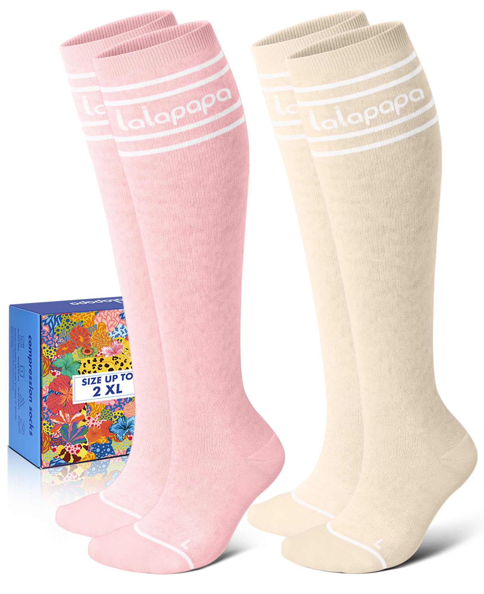 Photo 1 of Lalapapa Cotton Compression Socks for Women - 15-20mmHg Cushioned Sole, Soft Breathable for Pregnancy Travel Nurse, Pink and Beige, L/XL