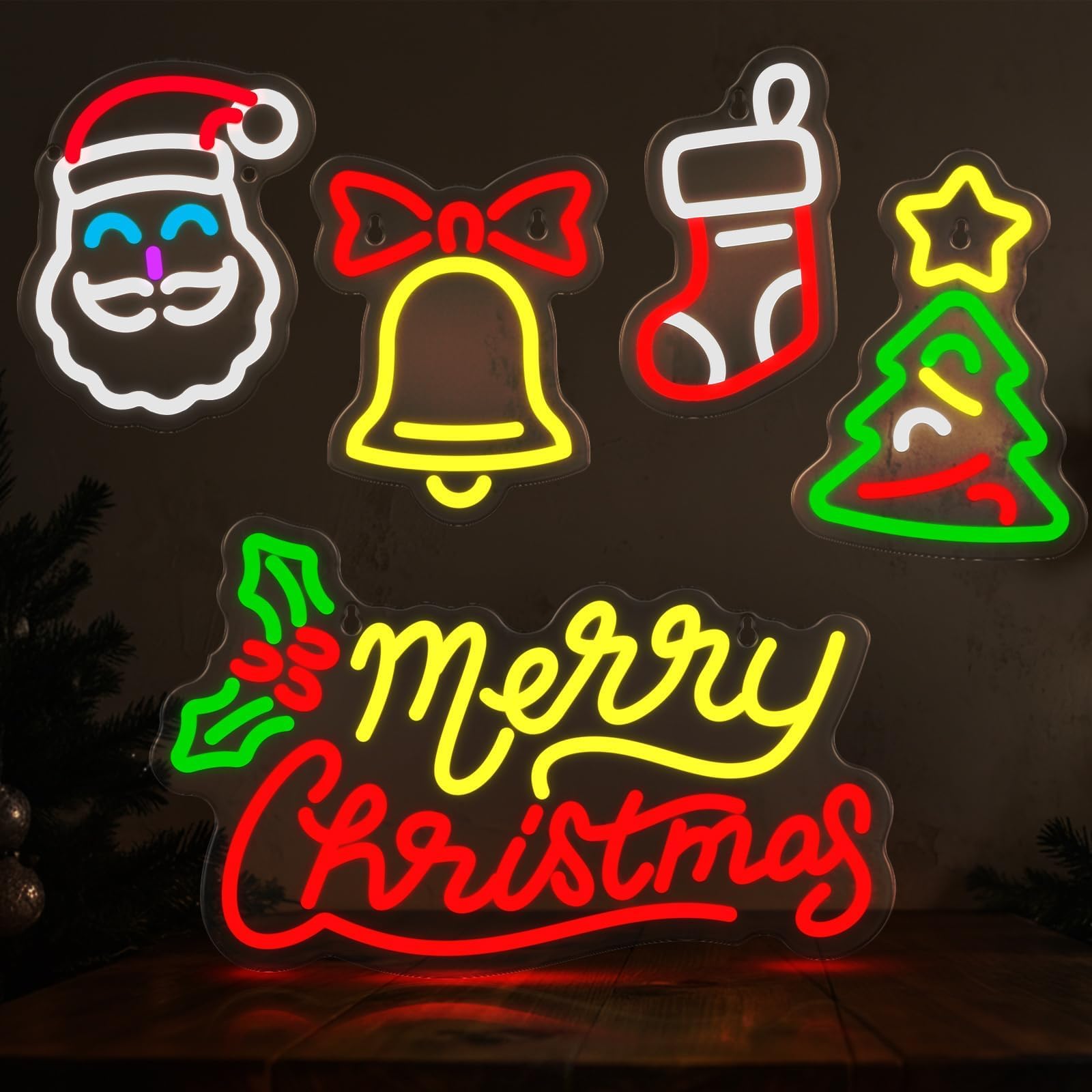 Photo 1 of 5 Pcs Christmas Neon Sign Merry Christmas Santa Claus Bells Xmas Tree LED Lights Winter Neon Lights USB Window Wall Bar Living Room Decor for Winter Xmas Party Holiday Night Bedroom Gifts