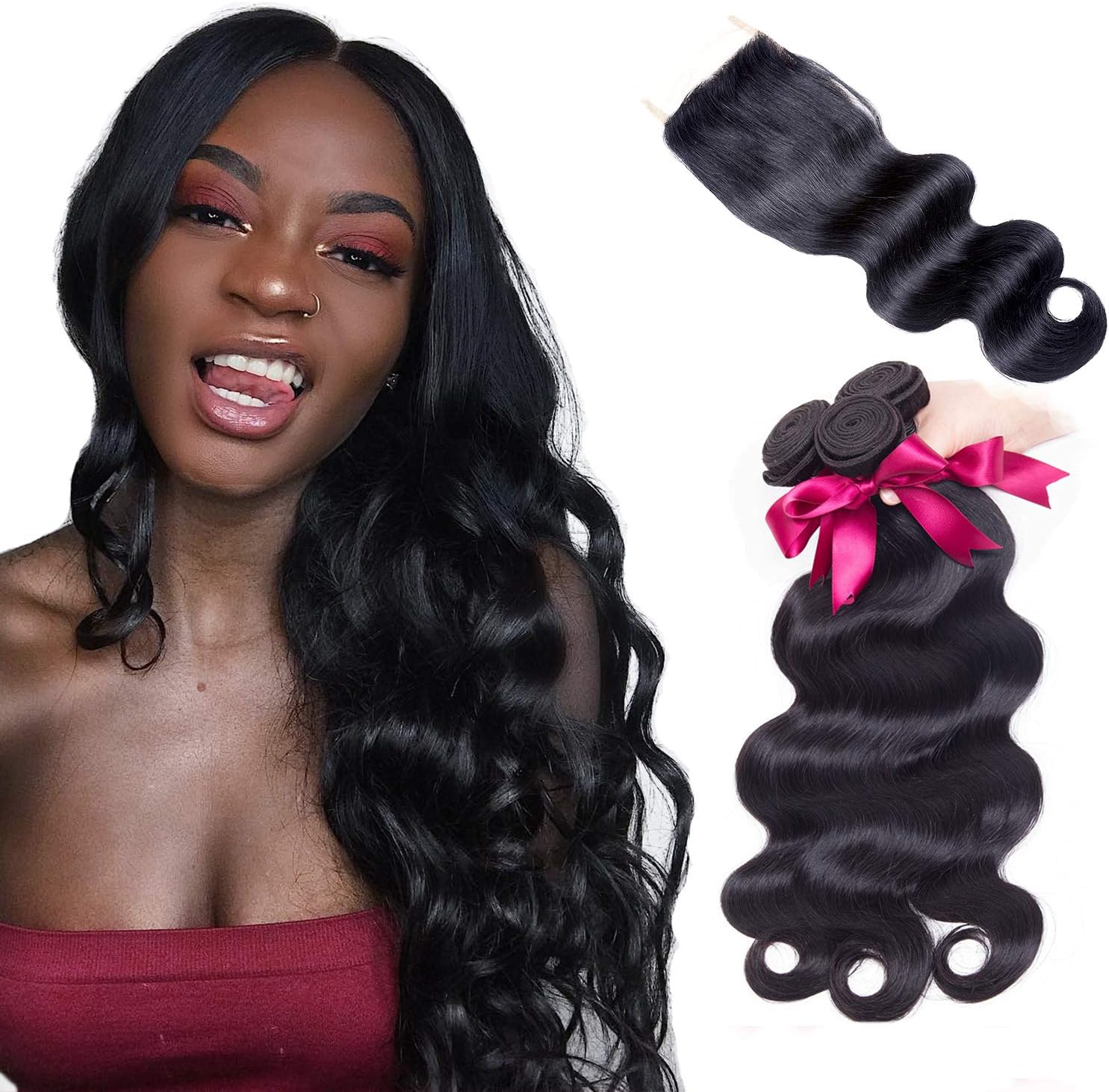 8A Brazilian Body Wave Bundles With Closure Free Part 100% Unprocessed Virgin Human Hair Extension Hair Weave Bundles With Lace Closure 4X4Inch Natural Color (BW 16 18 20+14)