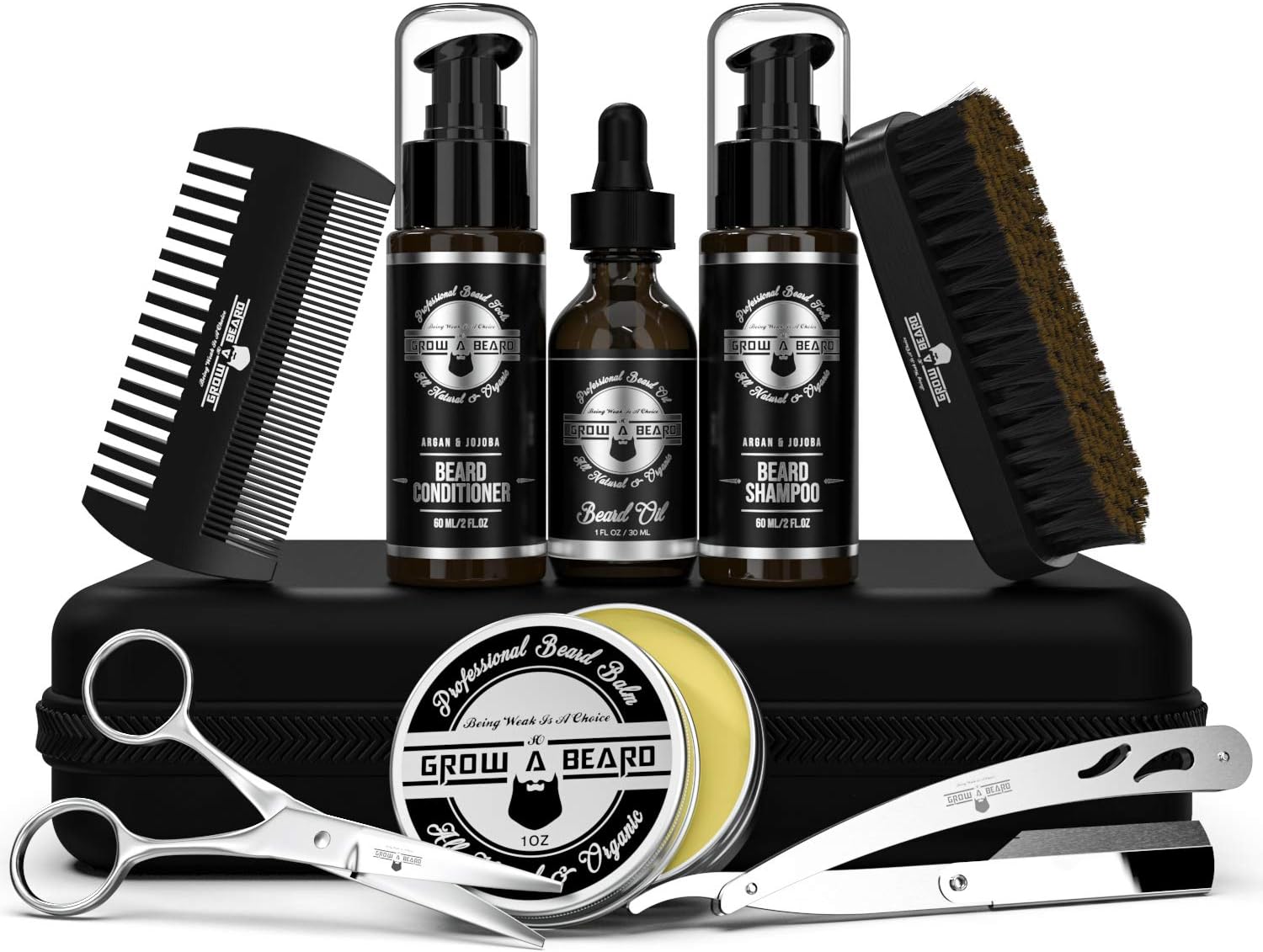 9-in-1 Grooming Kit, Beard Brush, Beard Oil, Beard Balm, Beard Shampoo, Beard Conditioner, Bead Comb, Beard Scissors, Beard Razor, Beard Cape, Presented in Premium Gift Travel Package