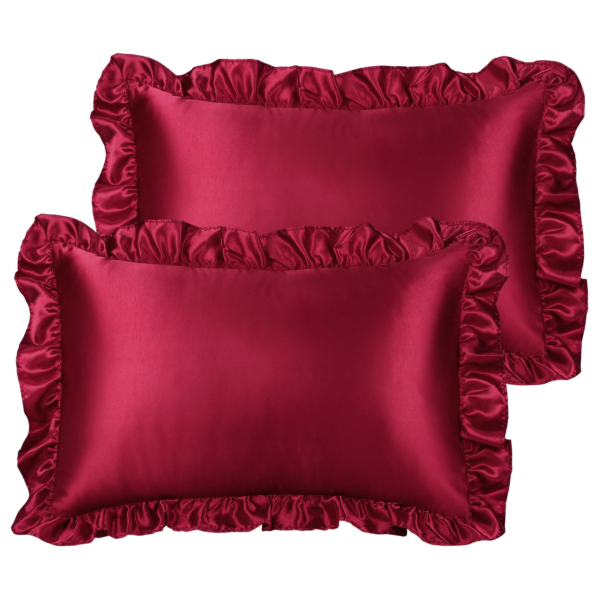PiccoCasa Satin Pillowcases for Hair and Skin, Retro Silky Pillow Cover with Luxury Ruffle and Envelope Closure Satin Pillow Cases 2 Pack Burgundy 50 x 75cm