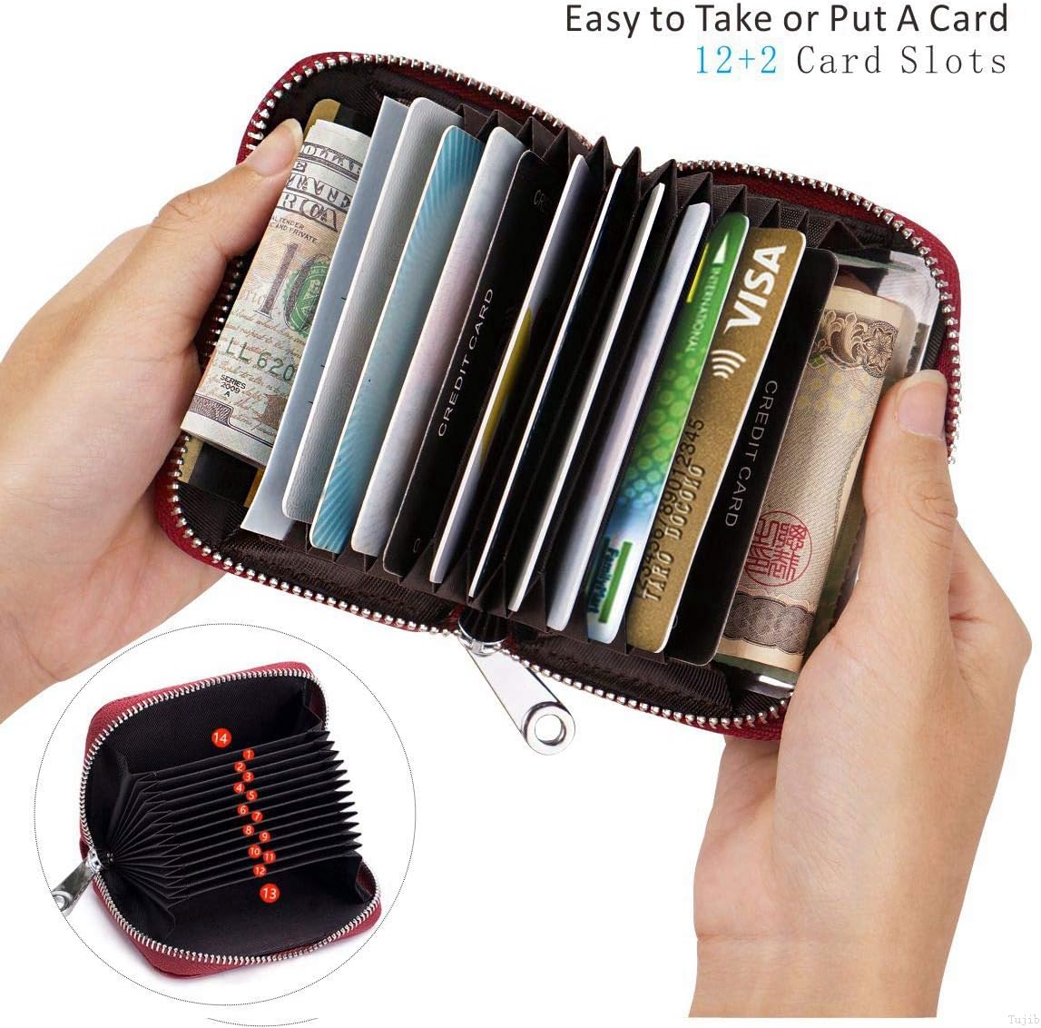 RFID Blocking Leather Wallet for Women,Excellent Women's Genuine Leather Credit Card Holder Ladies Small Blocked Accordion Wallets with Stainless steel Zipper Compact Accordian ID Cards bag Wine Red - Image 5