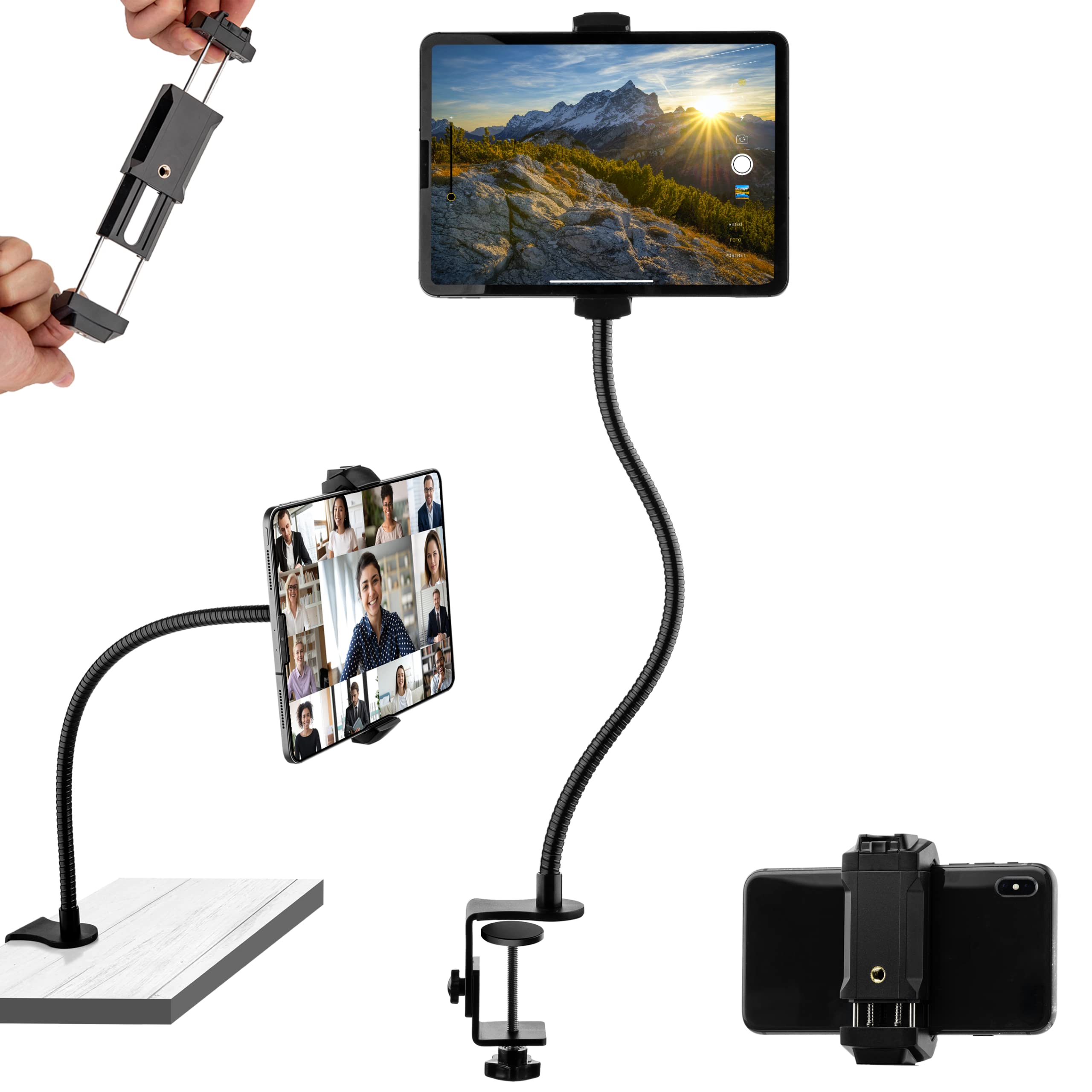 MOJOGEAR Premium flexible phone holder and tablet holder with table clamp — For tables up to 7.1 cm thick — Arm length 51 cm — Including phone holder — Extra sturdy metal — Black