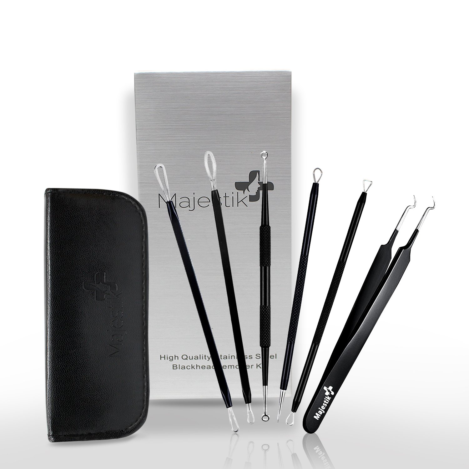 Blackhead Remover Kit 6 in 1 Tool Set Curved Tweezers Pimple Comedone Extractor Blackhead Whitehead Blemish Acne Zit Removal by Majestik+