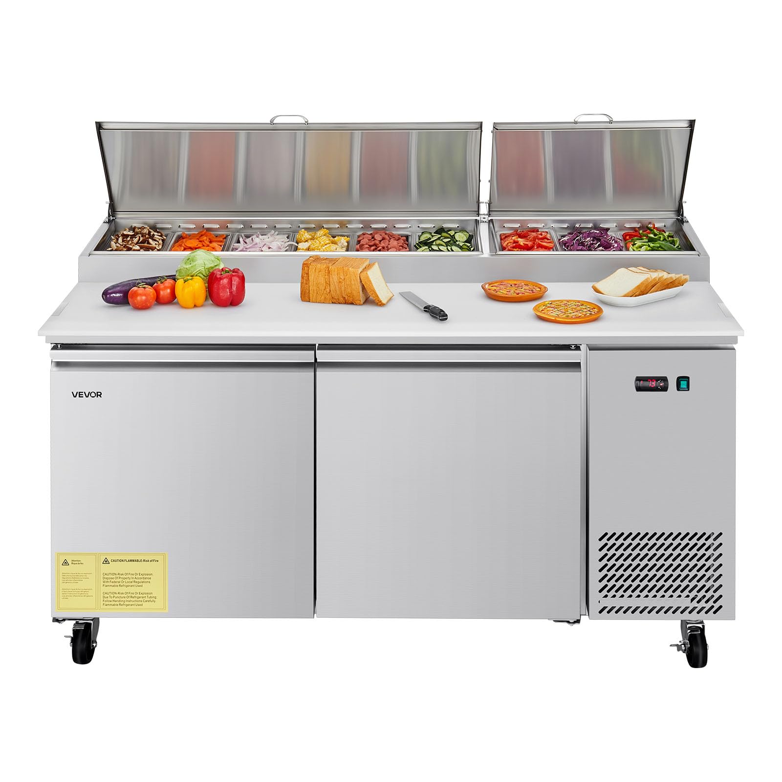 Photo 1 of **DIRT**VEVOR 67"W Commercial Refrigerator, Pizza Prep Refrigerated Table, 19.3" Ultra Wide Countertop Food Prep Fridge, 20.3 Cu.Ft Single Door Salad Prep Fridge, 9 Pans Pizza Make Worktop with Cutting Board