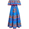 Women Mexican Dress Off Shoulder Floral Long Maxi Dress Summer Beach Party Cinco de Mayo Dresses with Belt