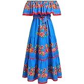 Women Mexican Dress Off Shoulder Floral Long Maxi Dress Summer Beach Party Cinco de Mayo Dresses with Belt