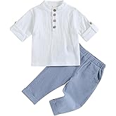 Karuedoo Toddler Baby Boy Clothes Cotton Linen Henley Shirts Button Down Long Sleeve Shirts Casual Pants Set