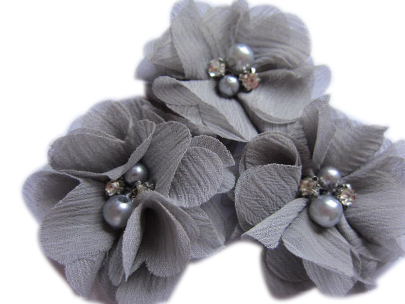 YYCRAFT Pack of 20 Pieces Chiffon 2" Flower Rhinestone Pearl for Craft Projects-Grey