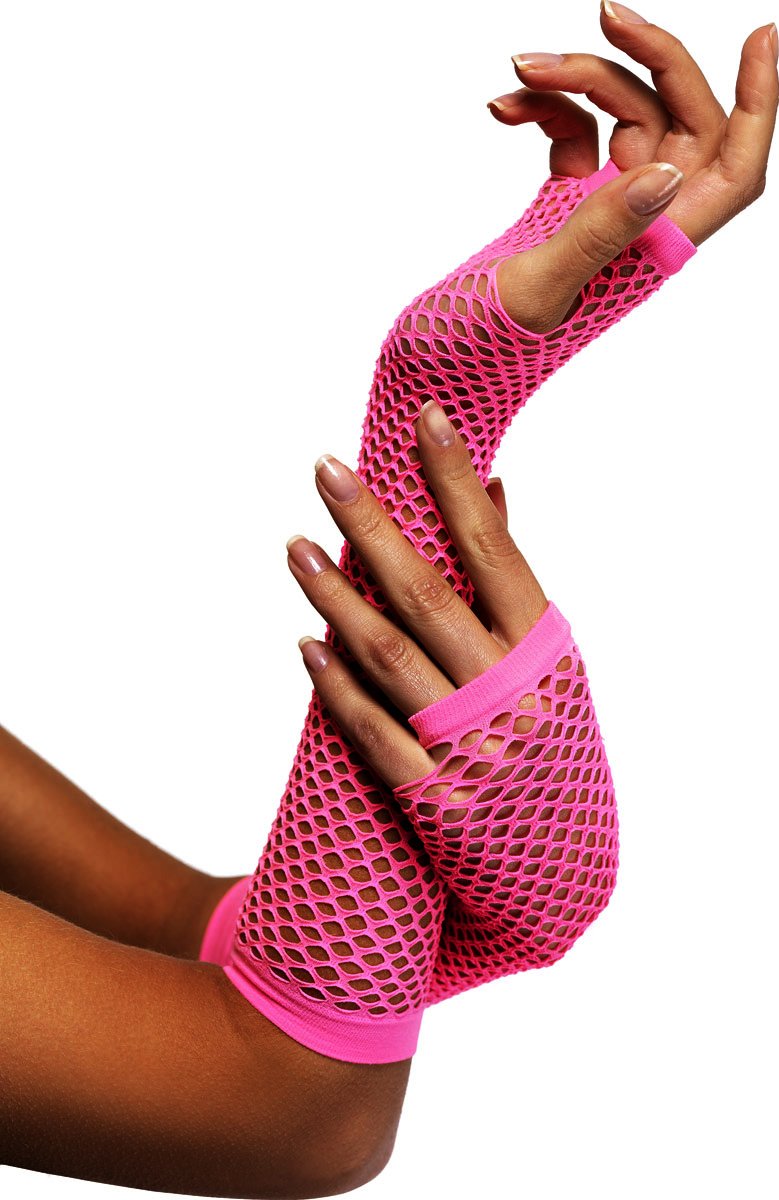 Komonee Neon Pink Fishnet Gloves Long Fingerless Arm Warmers, Elbow Length Mesh Sleeves for Women, Stretchy Sheer Opera Style for Rave Cosplay Halloween 80s Costume, One Size